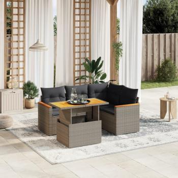 5-Piece Grey Poly Rattan Garden Sofa Set with Cushions