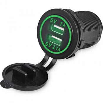 Toma de corriente USB doble 12V-24V para coche, moto, camión y barco con carga LED - Cargador de energía 2.1A/1A