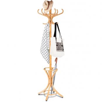 Perchero de Pie de Madera 184cm con Soporte, 12 Perchas para Colgar Ropa y Sombreros, Diseño en Forma de Árbol, Ideal para Habitación, Entrada y Oficina (Color Natural)