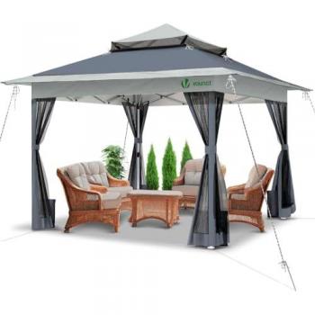 Carpa Plegable Gazebo 3.6x3.6m con Paredes Laterales de Malla, Techo Doble y Protección UV, Cenador Pabellón para Camping y Fiestas, Gris