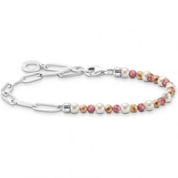THOMAS SABO Charm Club Multicoloured Pearls Bracelet A2099-350-7, Size 17cm, Silver Link Freshwater Pearl & Jasper Beaded Charm Bracelet