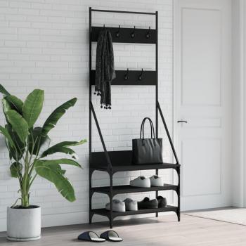 Perchero con Zapatero VidaXL, Soporte para Ropa y Estantes para Zapatos, Color Gris Sonoma, Negro y Roble Ahumado, Dimensiones 72x34x184 cm