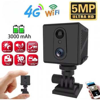 Mini cámara de seguridad 5MP 4G con tarjeta SIM, visión nocturna y batería recargable de 3000 mAh para interiores