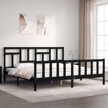 Cama con cabecero de madera maciza negra 200x200 cm