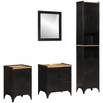 Conjunto de muebles de baño 4 piezas madera maciza mango y hierro negro