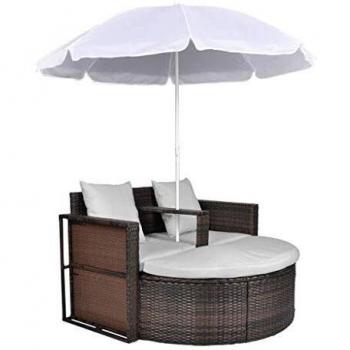 vidaXL Garden Bed with Parasol Brown Poly Rattan