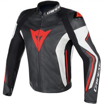 Dainese-ASSEN Chaqueta de piel,  Negro/Blanco/Rojo-Fluo, Talla 56