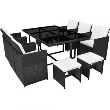 11-Piece Black Poly Rattan Outdoor Dining Set with Cushions