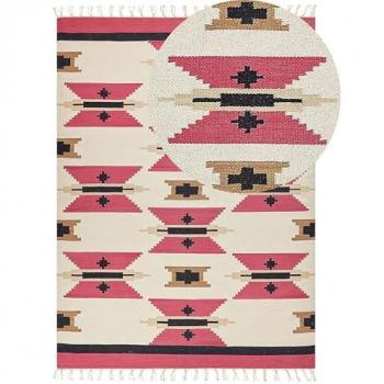 Alfombra Kilim Multicolor de Algodón 160 x 230 cm Tejida a Mano Reversible con Patrón Geométrico y Borlas