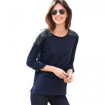 Camiseta Detalle de Lentejuelas en los Hombros y Tira de la Manga larg - 007802,Marino,XL
