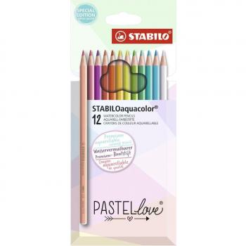 Stabilo Aquacolor Pastellove Lápices de Colores Acuarelables, Estuche Hexagonal de Cartón con 12 Colores Surtidos en Tonalidades Pastel