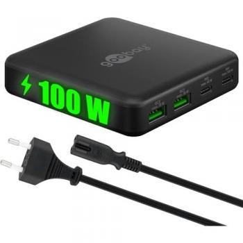 Cargador Multipuerto USB-C PD GaN 100 W con 2 Puertos USB-C y 2 Puertos USB-A, Estación de Carga Rápida Negra