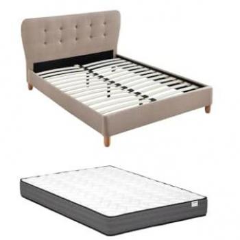 Cama de 160 x 200 cm con cabecero acolchado en tela beige + colchón ELIDE