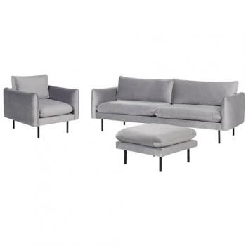 Conjunto de sala de estar 5 plazas estilo retro moderno sofá, sillón y otomana de terciopelo gris con patas negras Vinterbro