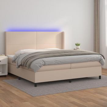 Cama Box Spring con colchón LED de cuero sintético capuchino 200x200cm
