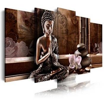 DekoArte 424 - Cuadros Modernos Impresión de Imagen Artística Digitalizada | Lienzo Decorativo Para Salón o Dormitorio | Estilo Zen Feng Shui con Buda Meditando en Tonos Bronces | 5 Piezas 150x80cm