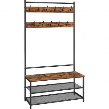VASAGLE Perchero con Zapatero, Perchero Grande con 12 Ganchos y Banco de Zapatos, Diseño Industrial, Estante Multifuncional para Pasillo, Oficina, Dormitorio, Acero, Greige y Negro