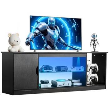 VEVOR Modern Black TV Stand for TVs up to 65 inches with LED Light Strip, Wooden Entertainment Center, Glass Shelf & Adjustable Storage Shelves
