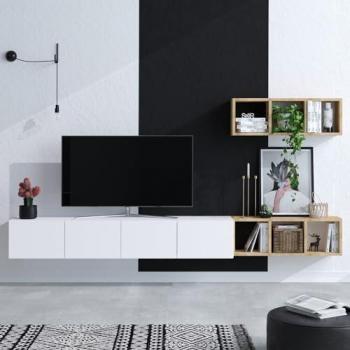 Soporte de TV suspendido blanco con estantes efecto madera 215 cm