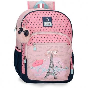 Mochila Escolar Enso Bonjour 38cm con diseño rosa y bolsillos laterales