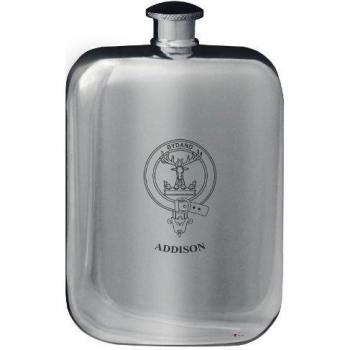 Addison Family Crest Design Pocket Hip Flask 6oz Rounded Polished Pewter