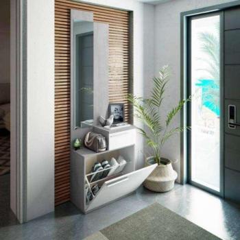 Mueble Recibidor con Espejo y Zapatero Karen Color Blanco Artik y Cemento 61x185x28 cm