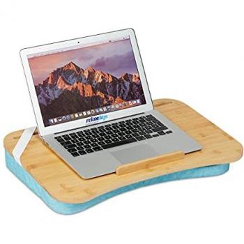 Bandeja Portátil con Cojín de Espuma Viscoelástica, 51x36 cm, para Cama y Sofá, Madera Natural y Azul