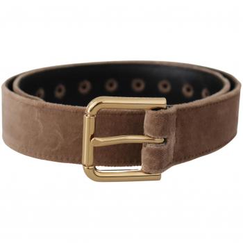 Dolce & Gabbana Light Brown Velvet Gold Tone Logo Metal Buckle Belt - 65 cm / 26 Inches