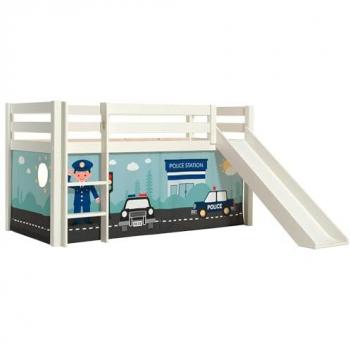Cama de media altura Vipack Pino con tobogán, textil set Policía, somier y escalera, 90x200 cm, madera maciza blanca