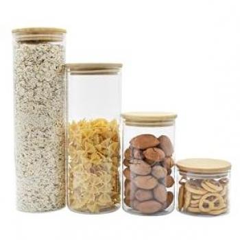 Set de 4 Tarros de Cristal con Tapa de Bambú, Botes Aptos para Lavavajillas para Almacenamiento de Cereales y Granos