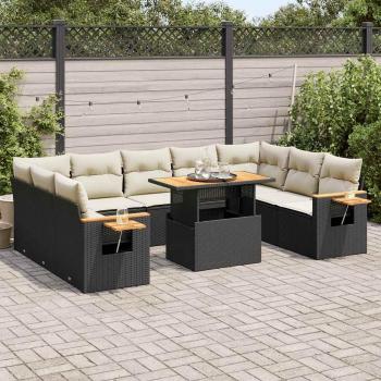 10-Piece Black Poly Rattan Garden Sofa Set with Cushions