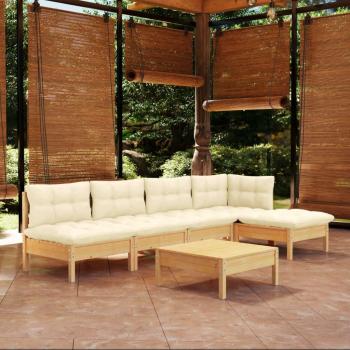 6-Piece Pinewood Garden Lounge Set with Cream Cushions