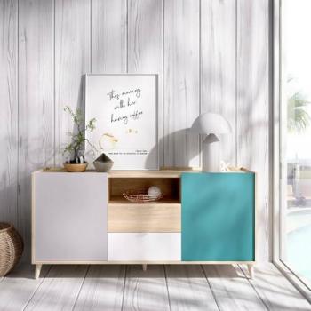 Aparador Moderno Rainier de 2 Puertas, Buffet de Salón en Blanco y Roble, 155x43x75 cm
