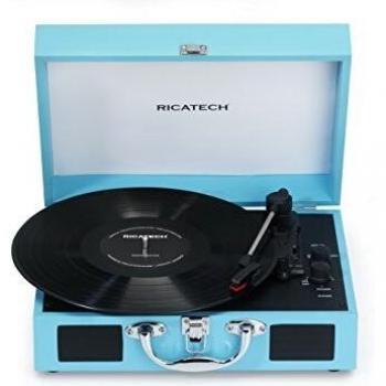 Ricatech RTT21 Tocadiscos, reproductor de discos portátil liviano con altavoces, tres velocidades, soporta salida RCA, Bluetooth, conector para auriculares, MP3, estilo maleta, color Turquesa