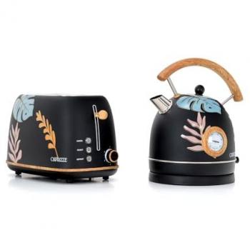 Pack Tostadora de Pan Kaito con Doble Ranura Extra Ancha y Hervidora Nara Color Negro Mate Floral Diseño Retro Vintage