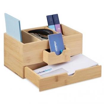 Organizador de Escritorio de Bambú con 2 Cajones y 3 Compartimentos, Dimensiones: 12 x 24 x 14.5 cm, Natural - Relaxdays