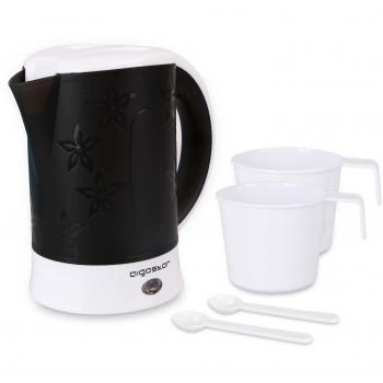 Aigostar Cooltravel Hervidor de Agua Compacto 0,6 Litros, Libre de BPA, 650W Hervidor Agua Pequeño, Apagado Automático, Protección Contra la Ebullición en Seco. Incluye dos tazas y dos cucharas, Negro