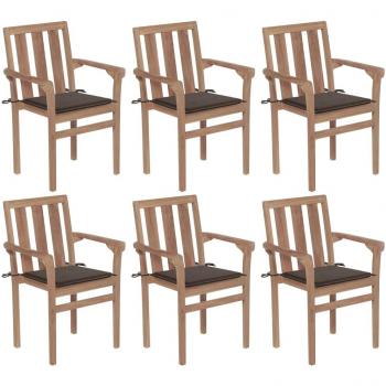 Sillas de jardín apilables con almohadas 6 piezas de teca sólida