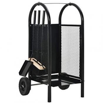 vidaXL Leñero de Acero Accesorios de Organización Chimenea Práctico Carrito Almacenamiento Transporte Leña Sólido Robusto Resistente Negro 30x35x81cm