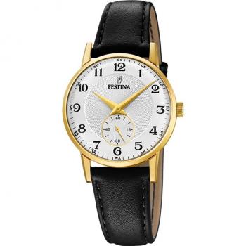 Reloj Festina F20571/1 para Mujer, Colección Retro, Caja de Acero Inoxidable 316L Dorado, Esfera Plateada, Correa de Piel Negra Clásica