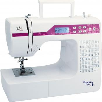 Jata Hogar MC823 Máquina de Coser con 200 Diseños de Puntada Visor LCD con Luz Canilla Oscilante Doble Aguja Dos Portacarretes con Pedal Juego Completo de Accesorios, Blanco con Detalles en Rosa