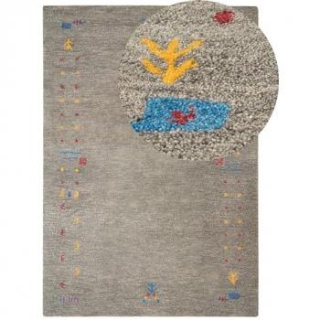 Alfombra de área de lana gris 160 x 230 cm rectangular con patrón geométrico multicolor hecha a mano