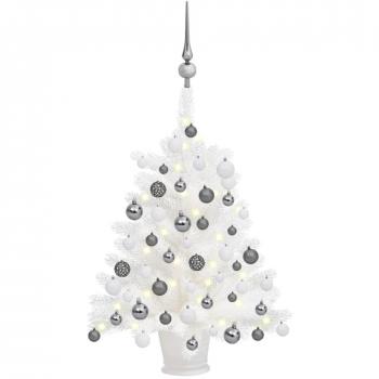 Pre-lit Artificial Christmas Tree with LED Lights and Ornaments - White 65 cm