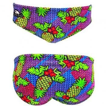 Bañador de waterpolo Turbo Pineapple azul - L, slip de natación, tejido resistente al cloro, secado rápido, diseño colorido con piñas