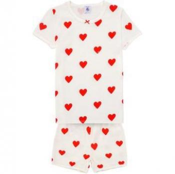 Pijama Corto Petit Bateau Corazón para Niña de Algodón Orgánico Blanco/Rojo
