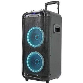 Sistema de Sonido Denver TSP-450. Altavoz Dual con woofer de 10” y Tweeter de 3”. 30W RMS. Batería Recargable 1800mAh. Luces. Radio FM. Conexiones: Bluetooth, USB, Entrada AUX. Micrófono Incluido.