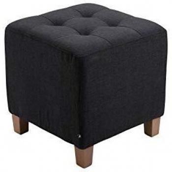 Taburete Bajo Pharao Acolchado en Tela Negro con Patas de Madera, 46 cm de Altura