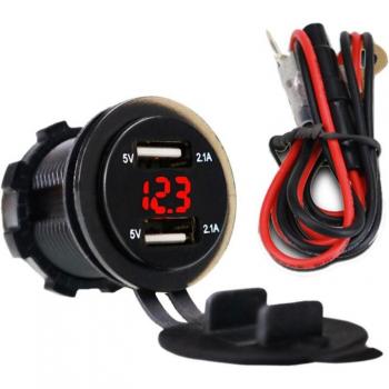 Cargador de coche 4.2A con 2 puertos USB, adaptador encendedor de cigarrillos, voltímetro LED y cubierta impermeable para vehículos DC 12V-24V
