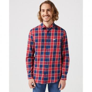 Wrangler - Camisa de hombre de corte classic con cuadros en color rojo, manga larga, 1 bolsillo