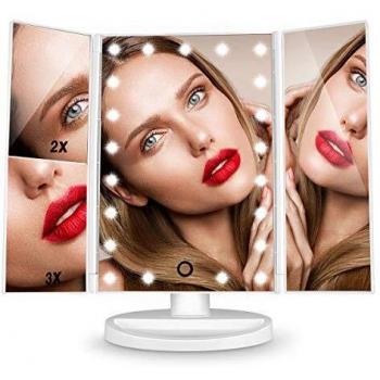 HAMSWAN Espejo de Mesa, [Regalos Originales] Espejo de Maquillaje Profesional Tríptico con Aumento 3X, 2X, 1x, Pantalla Táctil en Iluminacíon 21 Led, Carga con USB o Batería, Adjustable 180º